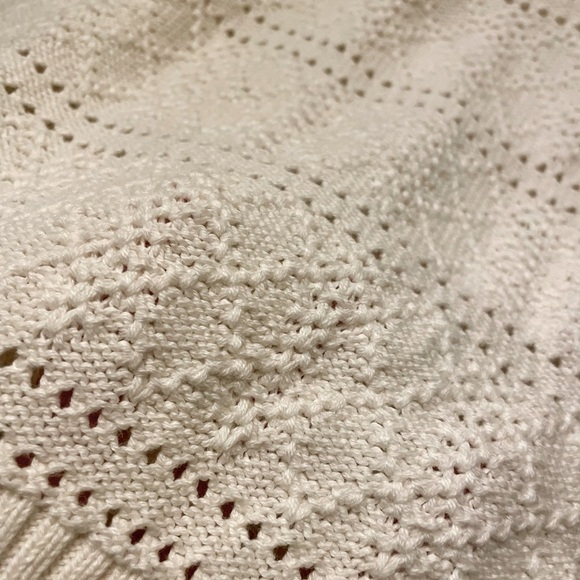 LOFT Dot Stripe Pointelle Ivory Cotton Sweater Size L Scalloped Detail Crewneck - Picture 6 of 9